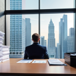 **Image Prompt 1:** A contemplative financial professional, dressed in smart business attire, sitting in a subtly rigid, traditional office setting that evokes public finance (e.g., neat stacks of official documents, a slightly muted color palette). They are looking out a large window at a vibrant, dynamic cityscape with modern buildings and digital light trails, symbolizing the internal call for growth and the desire for new, dynamic horizons beyond their current comfort zone. The lighting should suggest introspection mixed with forward-looking ambition.