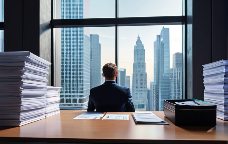 **Image Prompt 1:** A contemplative financial professional, dressed in smart business attire, sitting in a subtly rigid, traditional office setting that evokes public finance (e.g., neat stacks of official documents, a slightly muted color palette). They are looking out a large window at a vibrant, dynamic cityscape with modern buildings and digital light trails, symbolizing the internal call for growth and the desire for new, dynamic horizons beyond their current comfort zone. The lighting should suggest introspection mixed with forward-looking ambition.