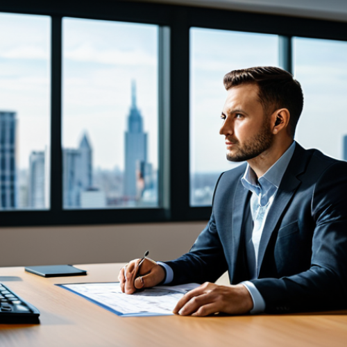 Home 8 A male professional public finance consultant in a modest dark business suit, sitting at a modern desk, deeply focused on multiple computer screens displaying complex financial data visualizations and charts. The office environment is sleek, well-lit, with a large window showing a blurred city skyline. The consultant's pose is natural and thoughtful, with well-formed hands resting on the desk. The overall atmosphere is one of focused professionalism and strategic analysis. Fully clothed, appropriate attire, modest clothing, safe for work, appropriate content, perfect anatomy, correct proportions, natural pose, well-formed hands, proper finger count, natural body proportions, professional photography, high quality.