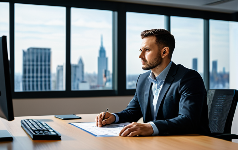 A male professional public finance consultant in a modest dark business suit, sitting at a modern desk, deeply focused on multiple computer screens displaying complex financial data visualizations and charts. The office environment is sleek, well-lit, with a large window showing a blurred city skyline. The consultant's pose is natural and thoughtful, with well-formed hands resting on the desk. The overall atmosphere is one of focused professionalism and strategic analysis. Fully clothed, appropriate attire, modest clothing, safe for work, appropriate content, perfect anatomy, correct proportions, natural pose, well-formed hands, proper finger count, natural body proportions, professional photography, high quality.